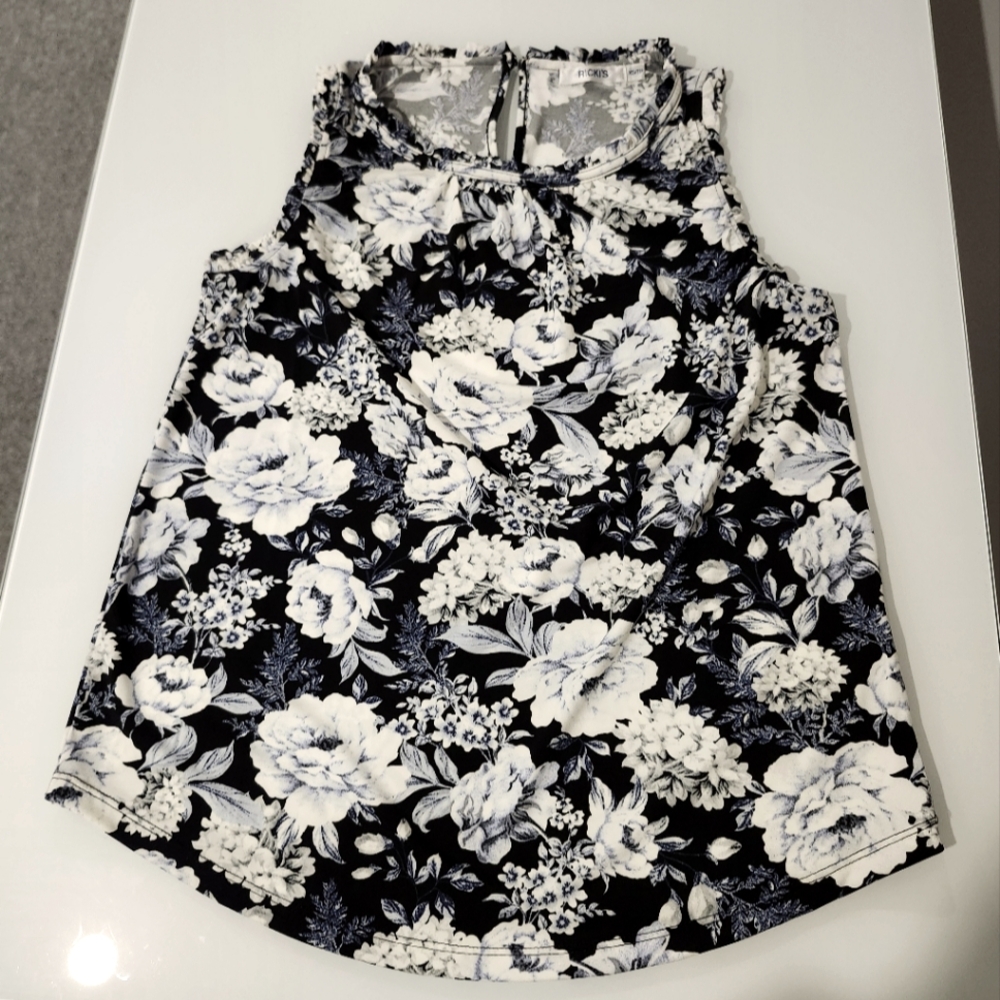 Navy Blue Sleeveless Blouse Ruffle Trim Stretchy Scoop Neck White Rose Pattern